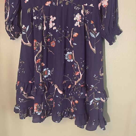 Nanette Lepore Navy Floral Print Ruffled Knee Length 3/4 Sleeve Dress Sz 10 - Picture 8 of 8